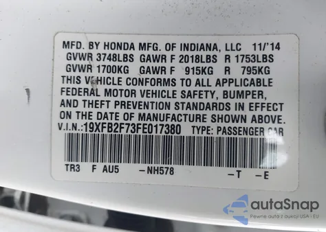 2015 Honda Civic Se from USA, damaged, VIN 19XFB2F73FE017380